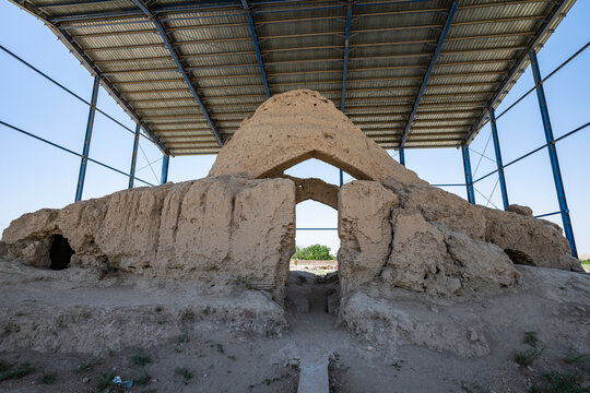 Ruins showcase ancient architecture in old capital of Bactria located in Balkh, Afghanistan with protective covering in place