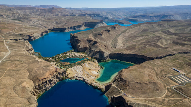 Water bodies and rugged terrain in Band-e-Amir National Park showcase unique geography in Afghanistan near Bamiyan in summer