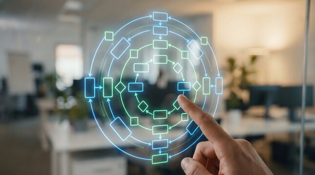 Hand pressing glowing virtual flowchart interface in modern office