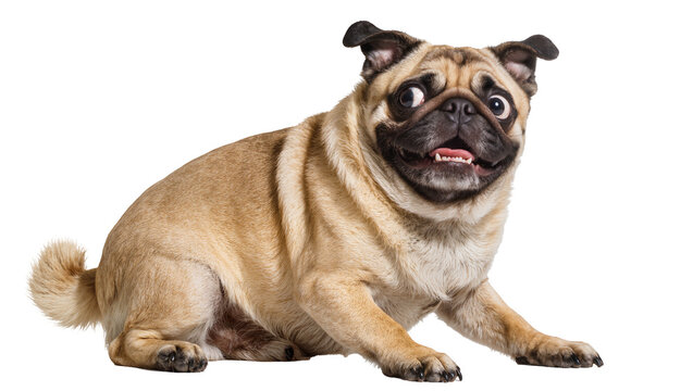 Fawn pug dog with wide eyes panting, isolated on transparent background