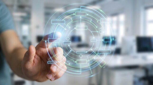 Man analyzing virtual workflow flowchart on transparent screen