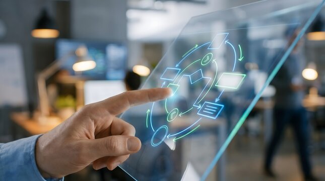 Man analyzing virtual workflow flowchart on transparent screen