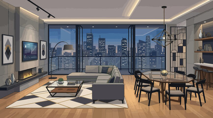 Fototapeta premium Modern luxury living room interior with panoramic city view at night