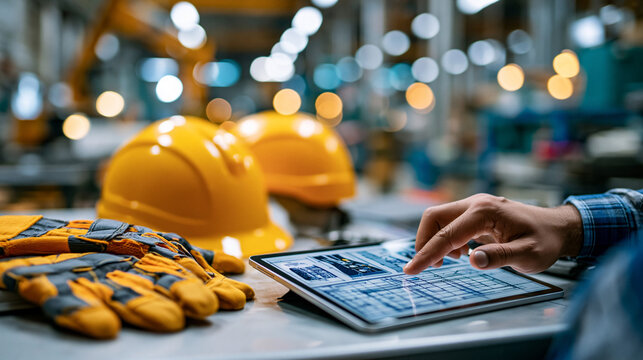 A digital tablet showing technical inspection schematics on a factory work table beside hard hats and safety gloves, industrial inspection, maintenance process, modern factory,