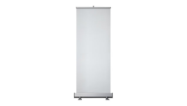 Silver metal roll-up banner stand with blank white display, isolated on transparent background