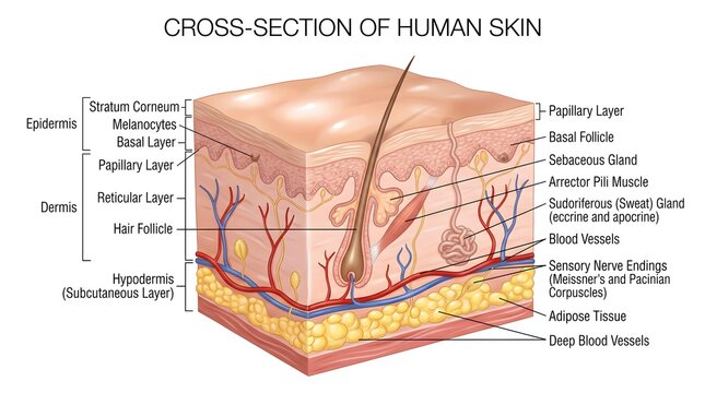 Simplified cross‑section of human skin emphasizing epidermis, dermis and hypodermis, with papillary and reticular layers, hair follicle, sebaceous gland, blood vessels, sensory nerve endings and adipo