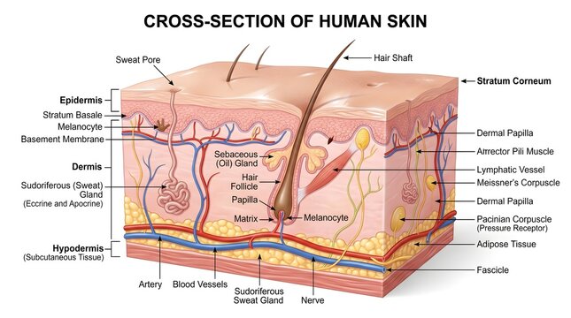 Three‑layer cross‑section of human skin labeling epidermis, dermis and hypodermis with hair follicles, sweat glands, sebaceous glands, blood vessels, nerves and sensory receptors, demonstrating comple
