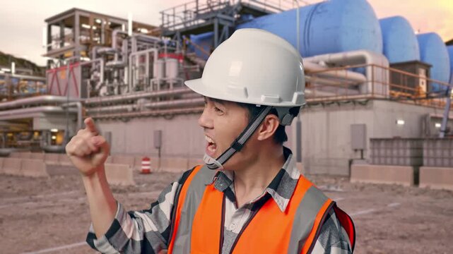 Close Up Side View Of Angry Asian Male Engineer With Safety Helmet Shouting At Someone While Standing at Plant with Gas Storage Tanks and Complex Pipeline System at Sunset
