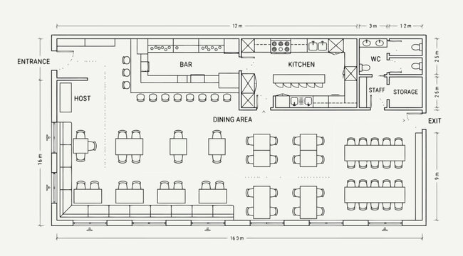 Floor plan of a restaurant layout with dining area, bar, and kitchen