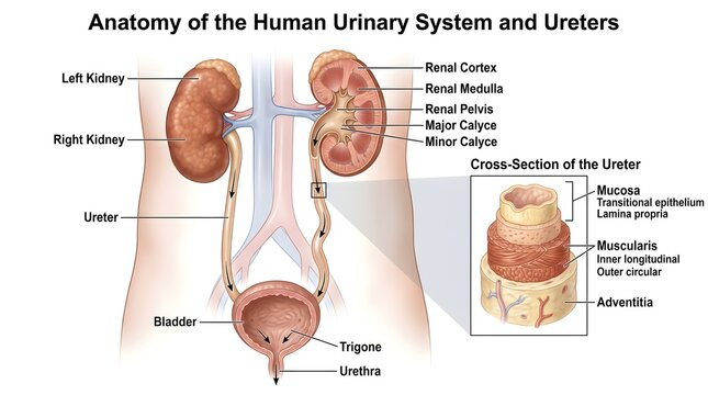 Overview of human urinary system and ureters showing kidneys with cortex, medulla, pyramids and renal pelvis, long ureters entering bladder trigone, and inset cross‑section of ureter wall layers inclu
