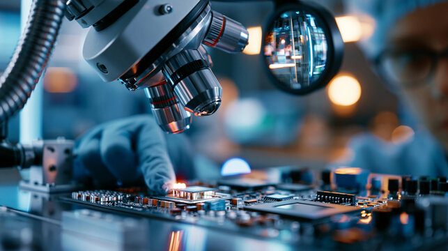 A robotic arm assembling tiny semiconductor chips on a clean room workbench with magnification lens, robotic arm, semiconductor factory, microchip research, high precision