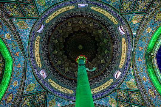 Exploring the intricate ceiling and pillar design of Sakhi Shah-e Mardan Shrine in Kabul, Afghanistan