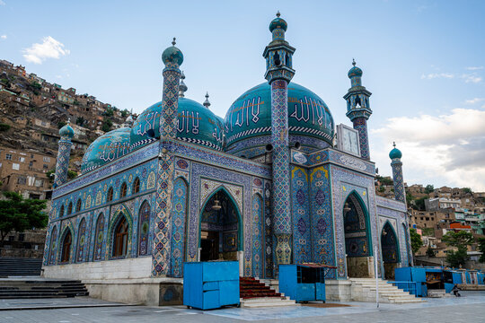 Sakhi Shah-e Mardan Shrine features distinct design elements in Kabul, Afghanistan with colorful decorations and domes