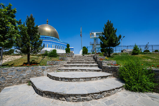 Stairs leading to a mosque resembling the Dome of the Rock on Wazir Mohammad Akbar Khan hill in Kabul, Afghanistan