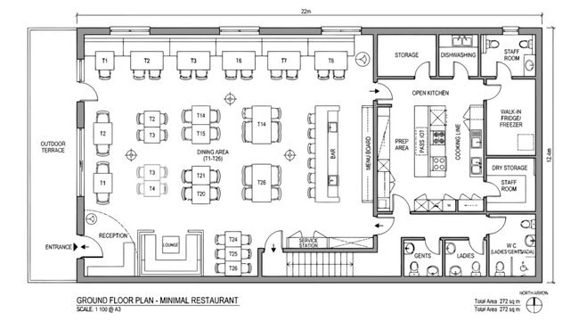 Minimal restaurant floor plan architectural drawing