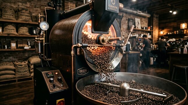 Industrial coffee roaster machine processing fresh coffee beans in a rustic setting.