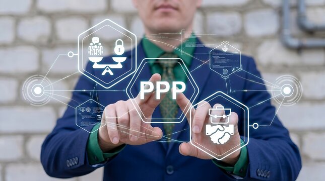 Concept of PPP Public Private Partnership. Business person using virtual touch screen presses the abbreviation PPP. new