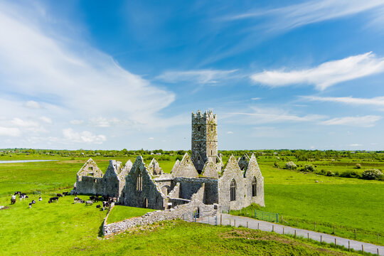 Aerial view of Ross Errilly Friary near Headford, County Galway, Ireland. Historic Franciscan ruins surrounded by green fields of Ireland.