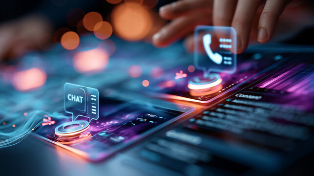 A glowing dashboard graphic showing ai agents orchestrating chat, calls and content tasks across screens, ai agents, productivity automation, voice service, nlp cloud, conceptual