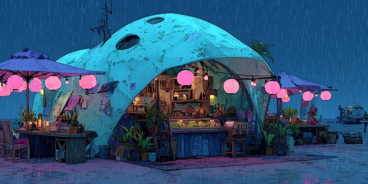 A futuristic restaurant with pink lanterns and umbrellas stands on a rainy beach at night.