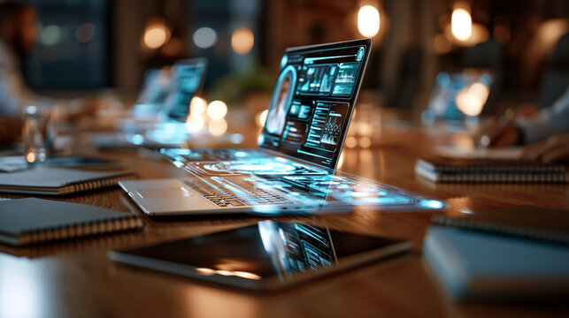 A boardroom table with floating virtual assistant interface graphics projected above scattered notebooks and laptops, virtual assistant technology, business strategy, workflow