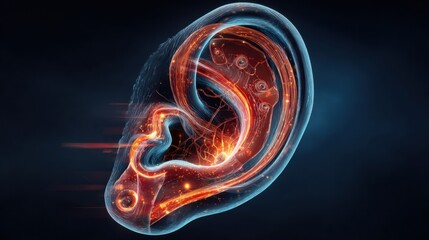 Fototapeta premium Digital illustration of a human ear with internal anatomy showing detailed structures and parts in vibrant colors