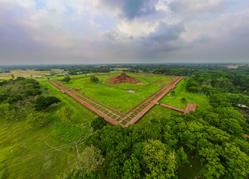 Explore the ancient site of Somapura Mahavihara with aerial view revealing the ruins and surrounding landscape in Bangladesh