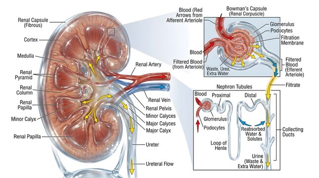 Detailed kidney section with inset diagrams of renal corpuscle and nephron tubules, labeling renal capsule, cortex, medulla, pyramids, columns, calyces and ureter while tracing blood entry, filtrate f
