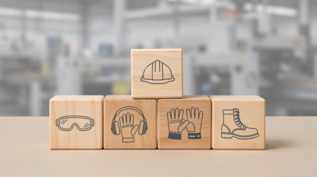 Wooden blocks with safety icons for PPE like hard hats and gloves, representing occupational health and risk prevention in an industrial or factory setting.