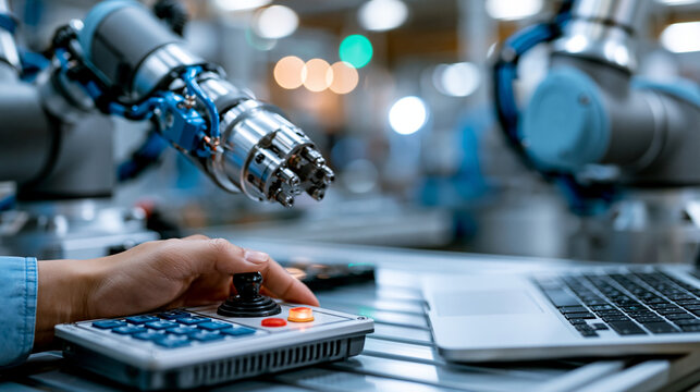 A handheld control panel with a small joystick beside a collaborative cobot on a factory bench, collaborative robot, cobot, handheld control, smart factory, industrial automation,