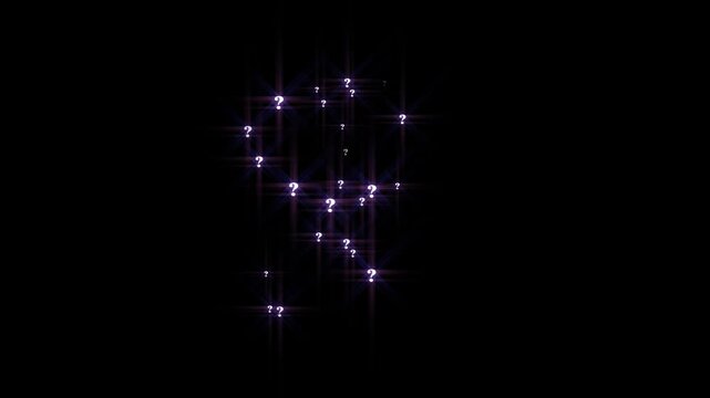 Abstract white color lighting question mark particles flying through on solid black background space with glowing trails and seamless motion effects cinematic loop ultra sharp 4K animation