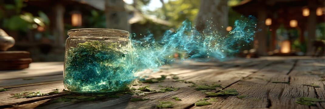 A glowing glass jar emitting blue smoke on a rustic wooden table outdoors
