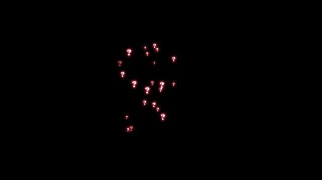 Red glowing question marks floating through on solid black background with sparkling particles and mystery motion seamless loop abstract visual effects ultra sharp 4K