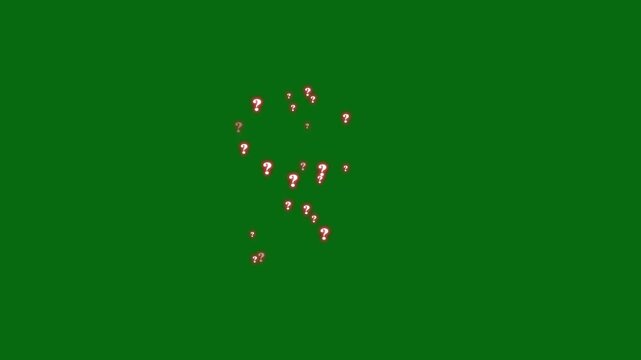 Red glowing question marks floating through on solid green background with sparkling particles and mystery motion seamless loop abstract visual effects ultra sharp 4K
