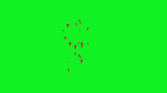 Red question mark rain animation with glowing symbols and sparkling mystery particles on solid green background smooth looping motion graphics ultra HD 4K visuals