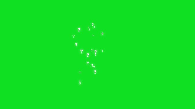 White glowing question mark particles floating through dark space with smooth motion trails and abstract mystery effects on solid green background seamless loop ultra HD 4K