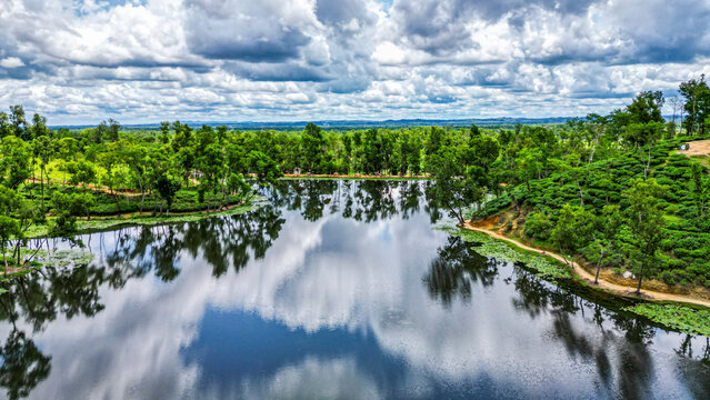 View of the tea gardens and water bodies in Sreemangal tea region of Bangladesh with cloudy skies above