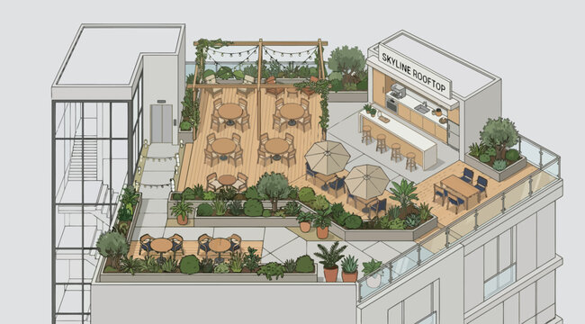 Isometric view of a rooftop bar and restaurant terrace