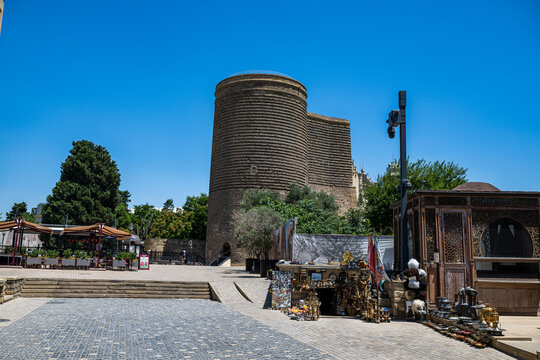 Maiden Tower in the historic city of Baku showcases its ancient architecture and cultural heritage on a clear day