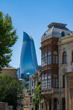 Historic city of Baku with flame towers in the background showing traditional architecture from Azerbaijan