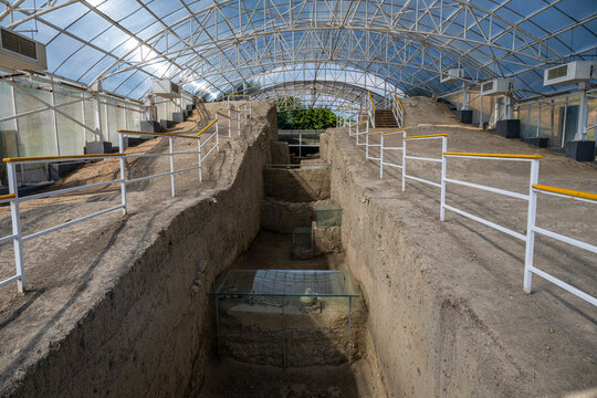 Excavation site at Old Gabala features ancient ruins with glass cover in Azerbaijan