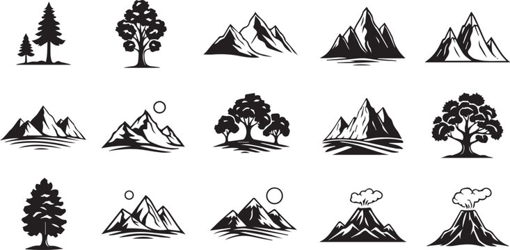 Vintage mountain and tree icons set, black and white nature landscape vector elements, 15 rustic outdoor adventure symbols for logo design