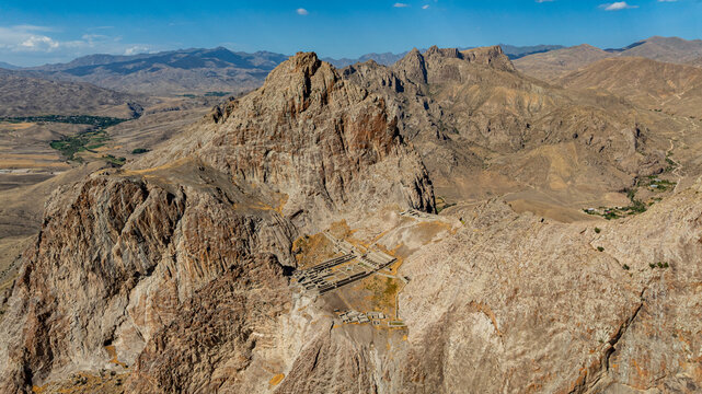 View of Alinja castle in Nakhchivan from above showing the surrounding mountains and landscape in Azerbaijan