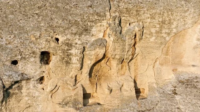 Madara Rider Bulgaria Drone Close Up Rock Relief Carved Stone UNESCO Heritage Golden Hour Sunset Warm Light History Culture Travel Tourism Landmark Ancient Medieval Concept Horizontal