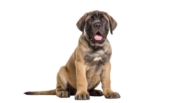 Young mastiff dog with fawn and brindle coat sitting attentively, isolated on transparent background