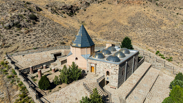 Overview of Sheikh Khorasan mausoleum with surrounding landscape in Nakhchivan, Azerbaijan