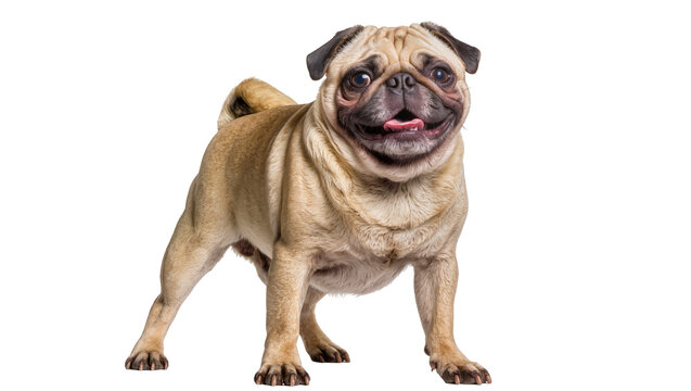 Happy fawn pug dog standing, isolated on transparent background