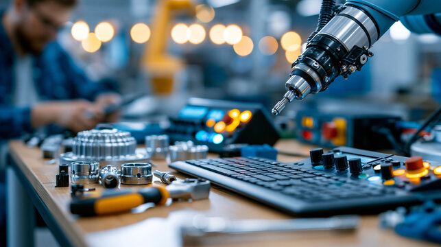 A workbench with robot arm controllers, spare parts and a torque wrench arranged for assembly, robotics control engineer setup, industrial robot arm, controller, production plant,