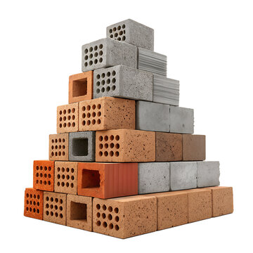 Mixed Pile of Construction Bricks with Clay Perforated Blocks and Concrete Masonry Units