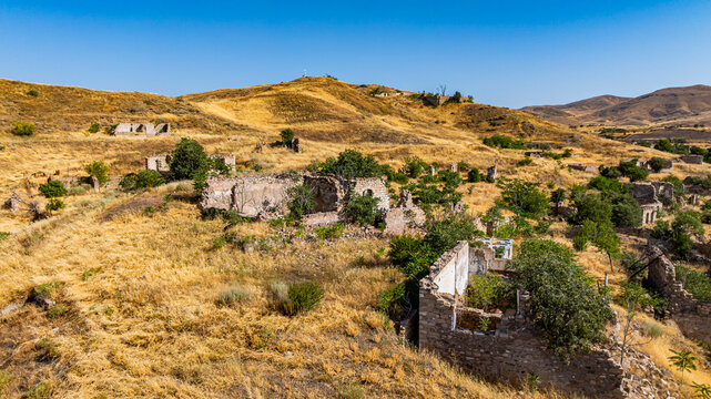 Aerial view of destroyed buildings in Jabrayil village showing signs of conflict in Qarabaqh region of Azerbaijan